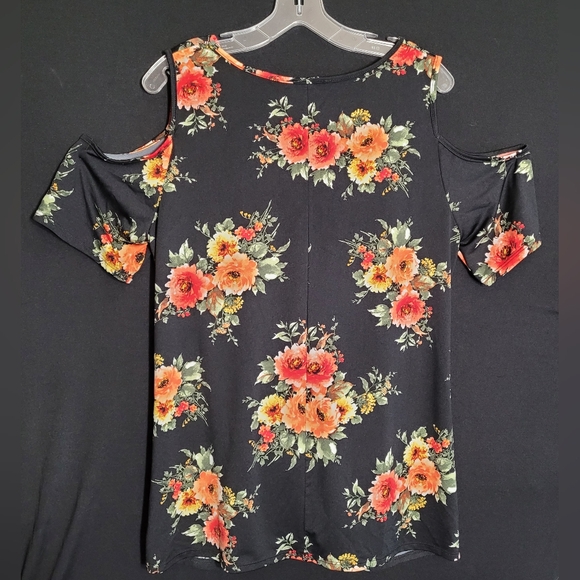 Floral Cold Shoulder Top - Black and Orange - Picture 4 of 5